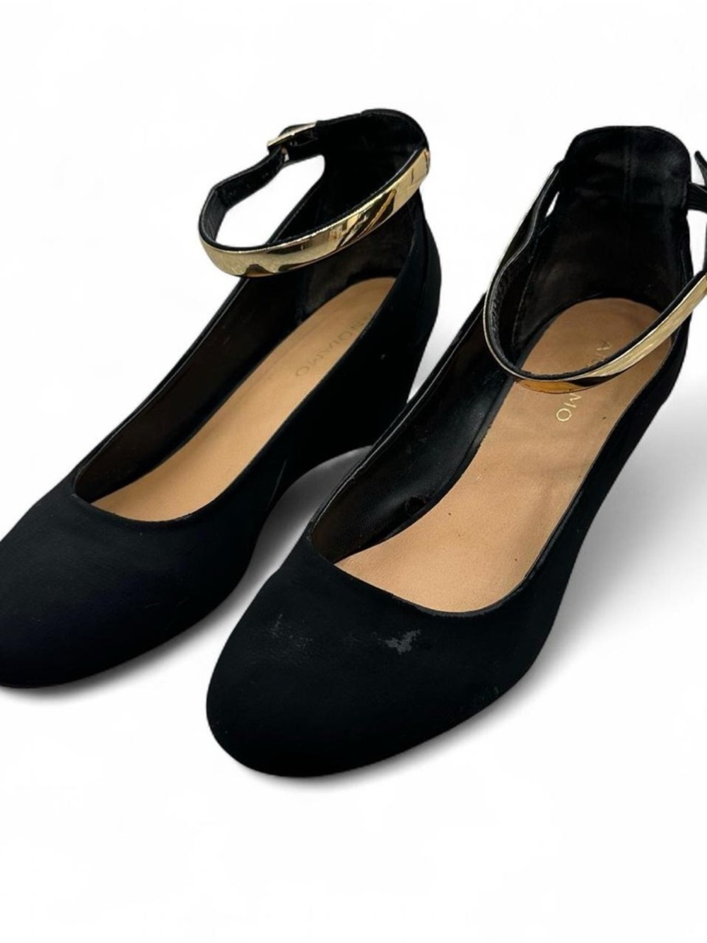 Black Ankle Strap Wedge Pumps with Gold Accent